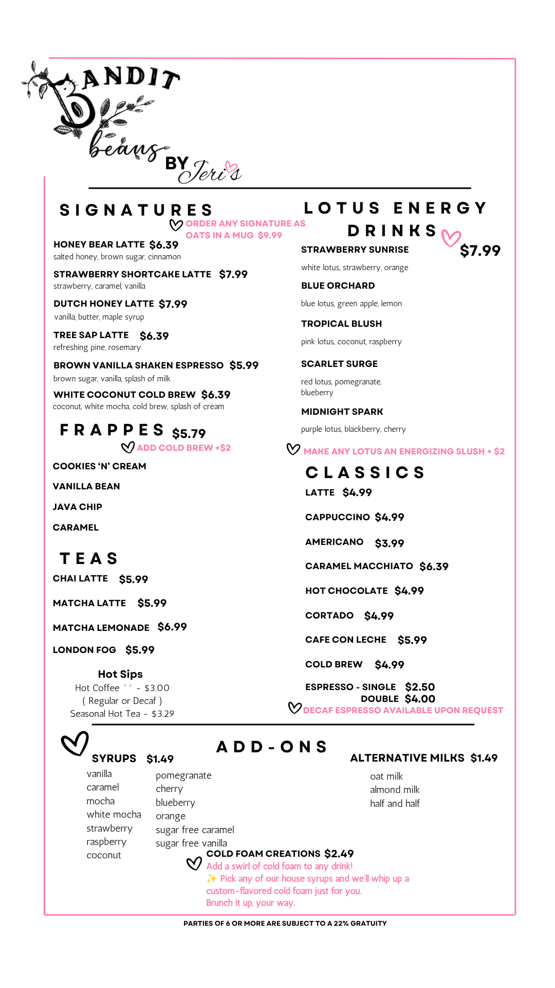 Bandit Beans Menu